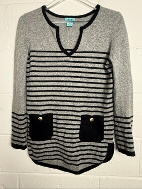 Two Bees Cashmere 100% Cashmere Striped Sweater Women’s Medium Gray Black Nautic